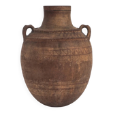 Primitive terracotta vessel with hand-painted geometric details