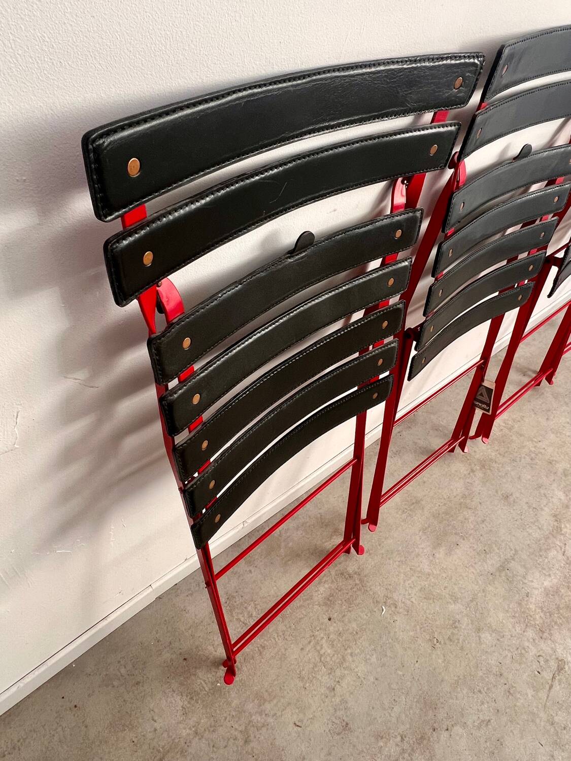 Set of 4 folding leather and metal chairs Italian design Zanuso for Zanotta Celestina vintage