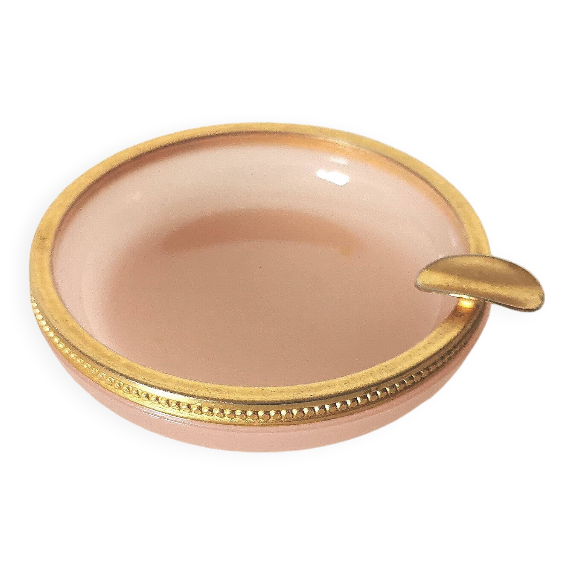 ashtray, pink opaline pocket emptier, gold metal rim, 70s, vintage Italian