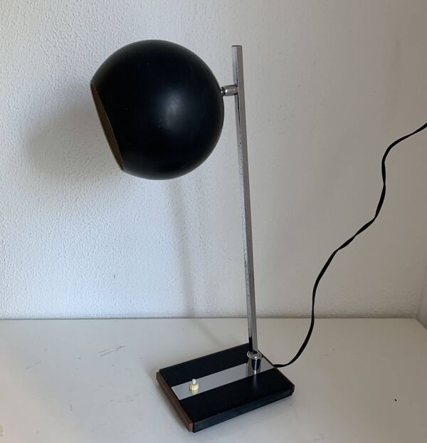 Grande lampe vintage 1960 eyeball design noir et bois bureau - 50 cm