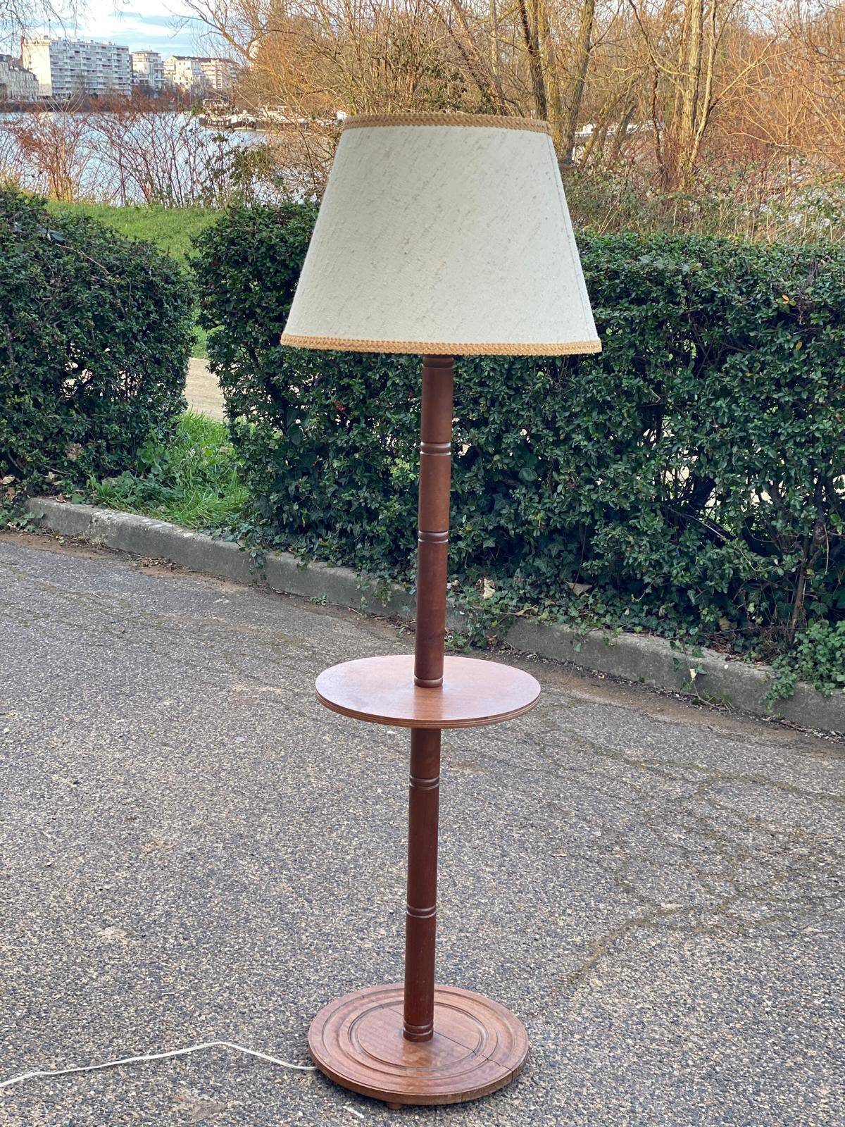 Art Deco floor lamp with wooden shelf and beige lampshade