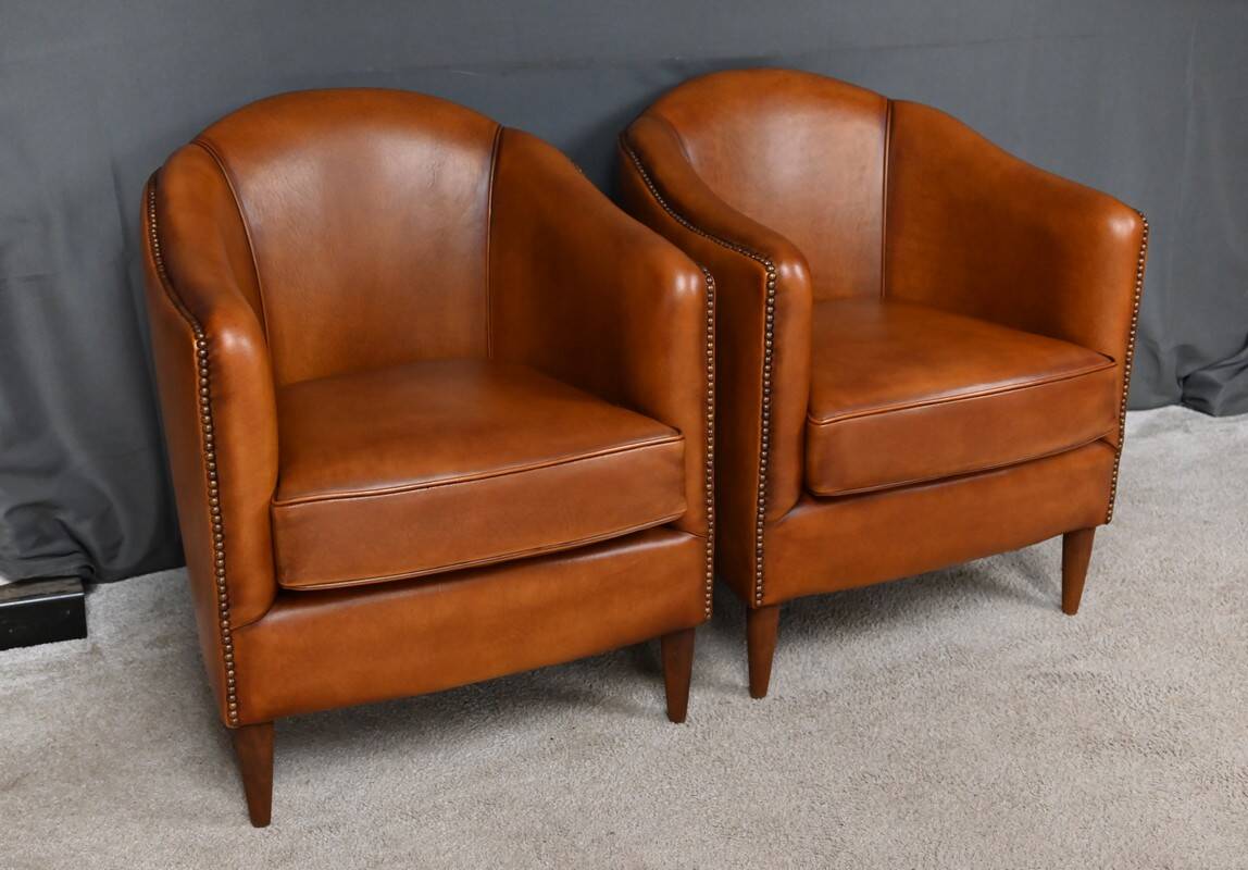 Pair of Solange club armchairs in sheepskin leather – reproduction