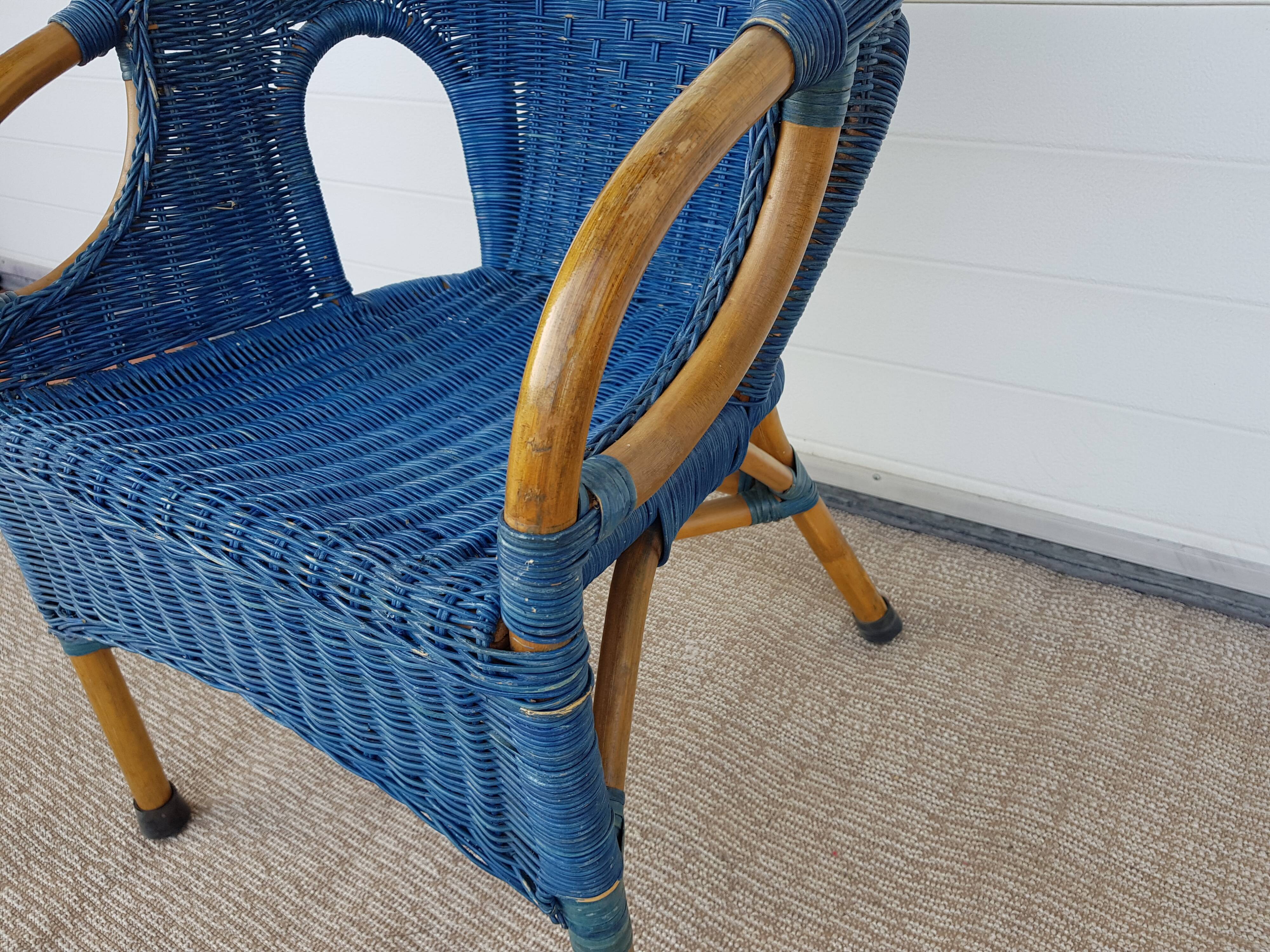 Antique wicker, bamboo and blue rattan armchair, 50's 60's