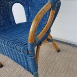 Antique wicker, bamboo and blue rattan armchair, 50's 60's