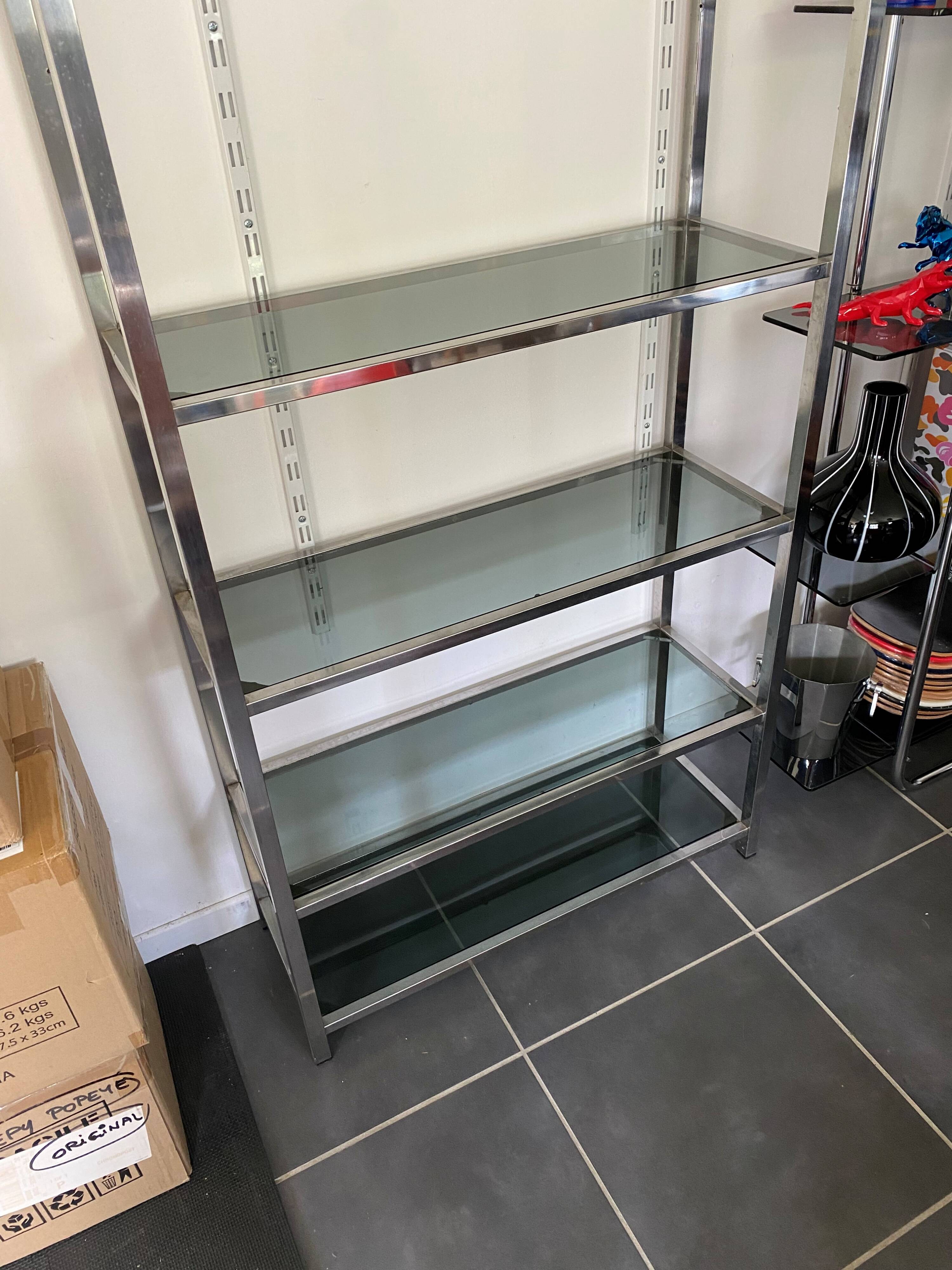 Display bookshelf modular wall shelf glass and chrome vintage 1970s