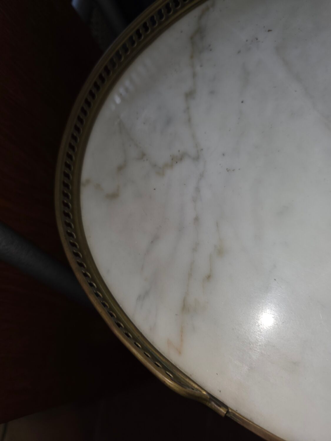 Pair of Louis XVI style bedside tables in mahogany, with marble tops.