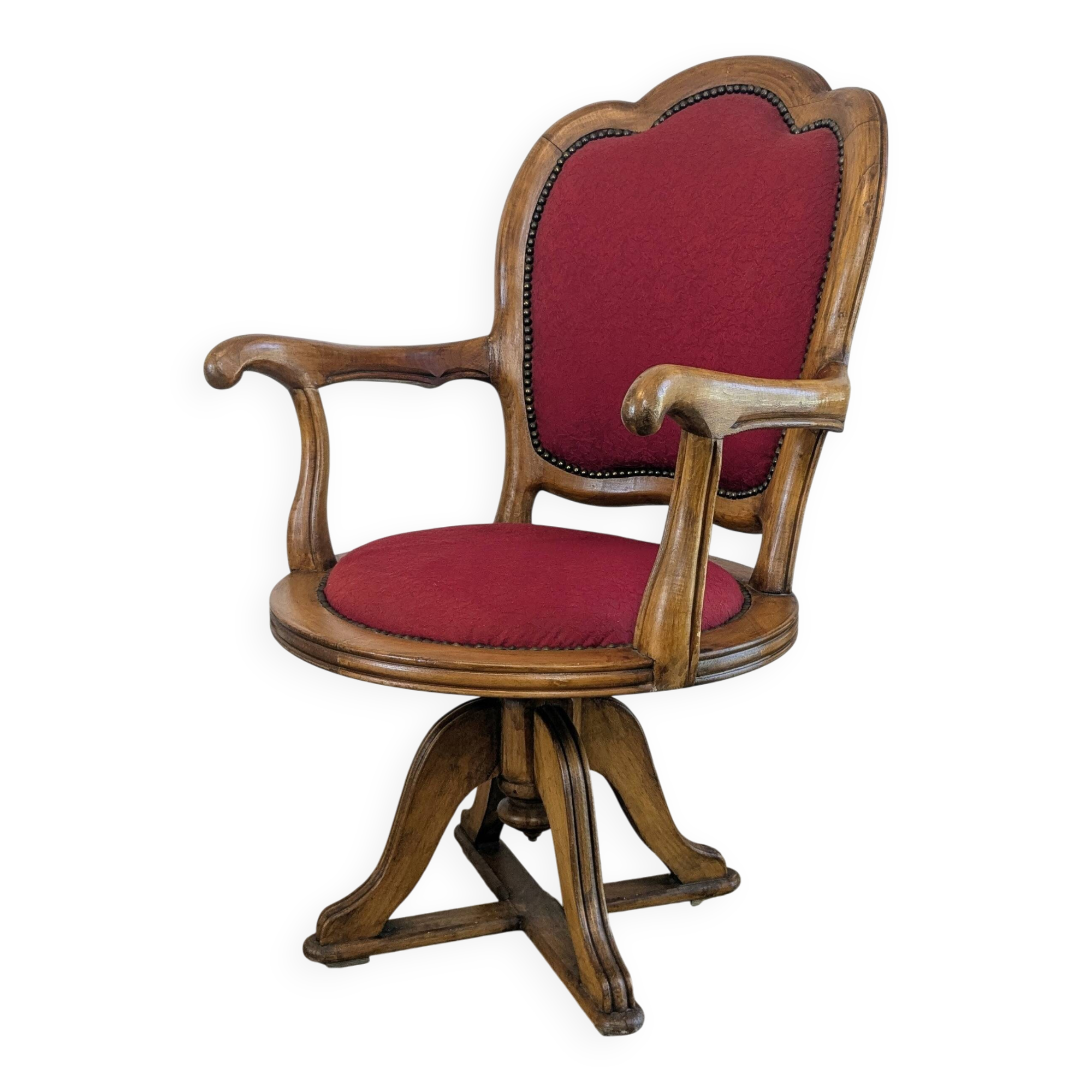 Vintage captain's chair in wood and garnet fabric — a seat with character