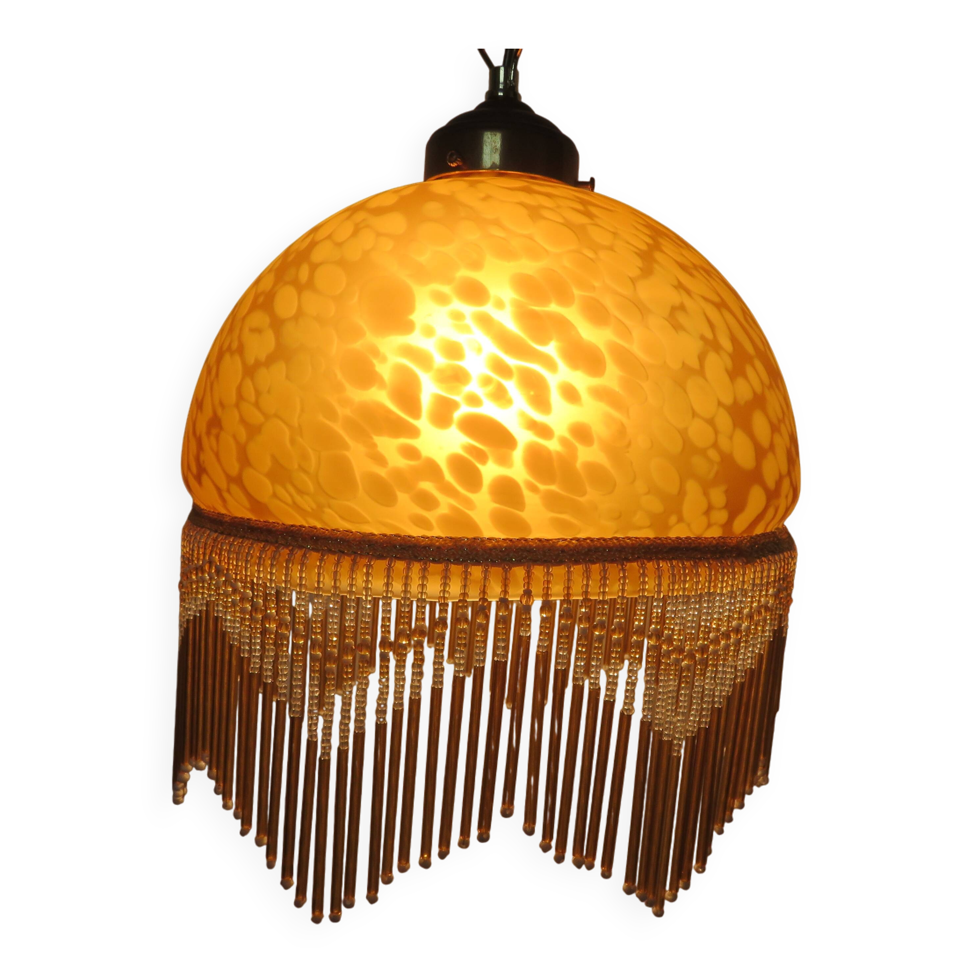 Victorian pendant light in marbled glass, beaded fringes and brass
