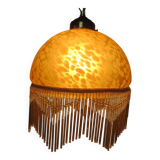 Victorian pendant light in marbled glass, beaded fringes and brass