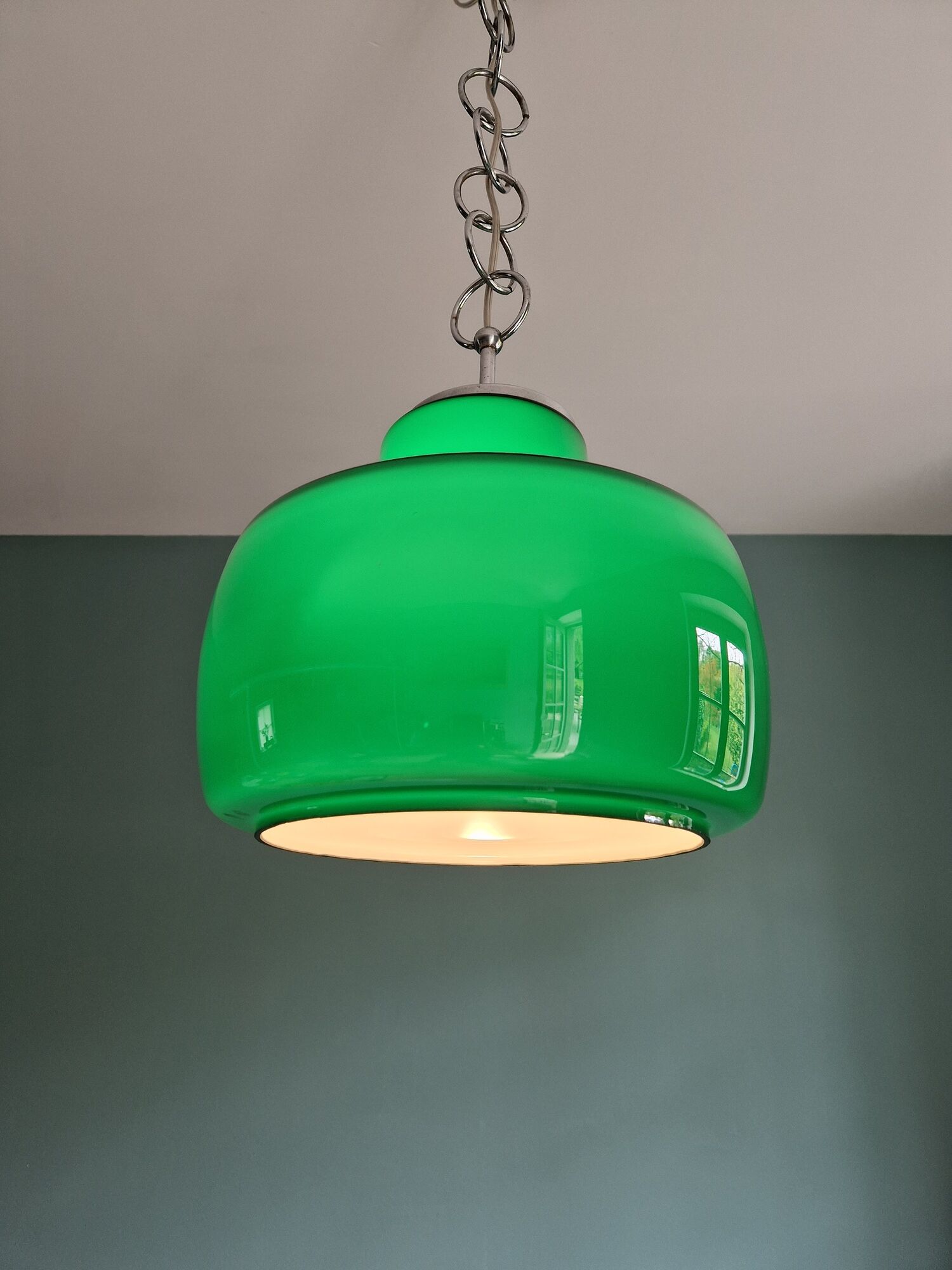 Large vintage pendant lamp in green opaline, 1970s