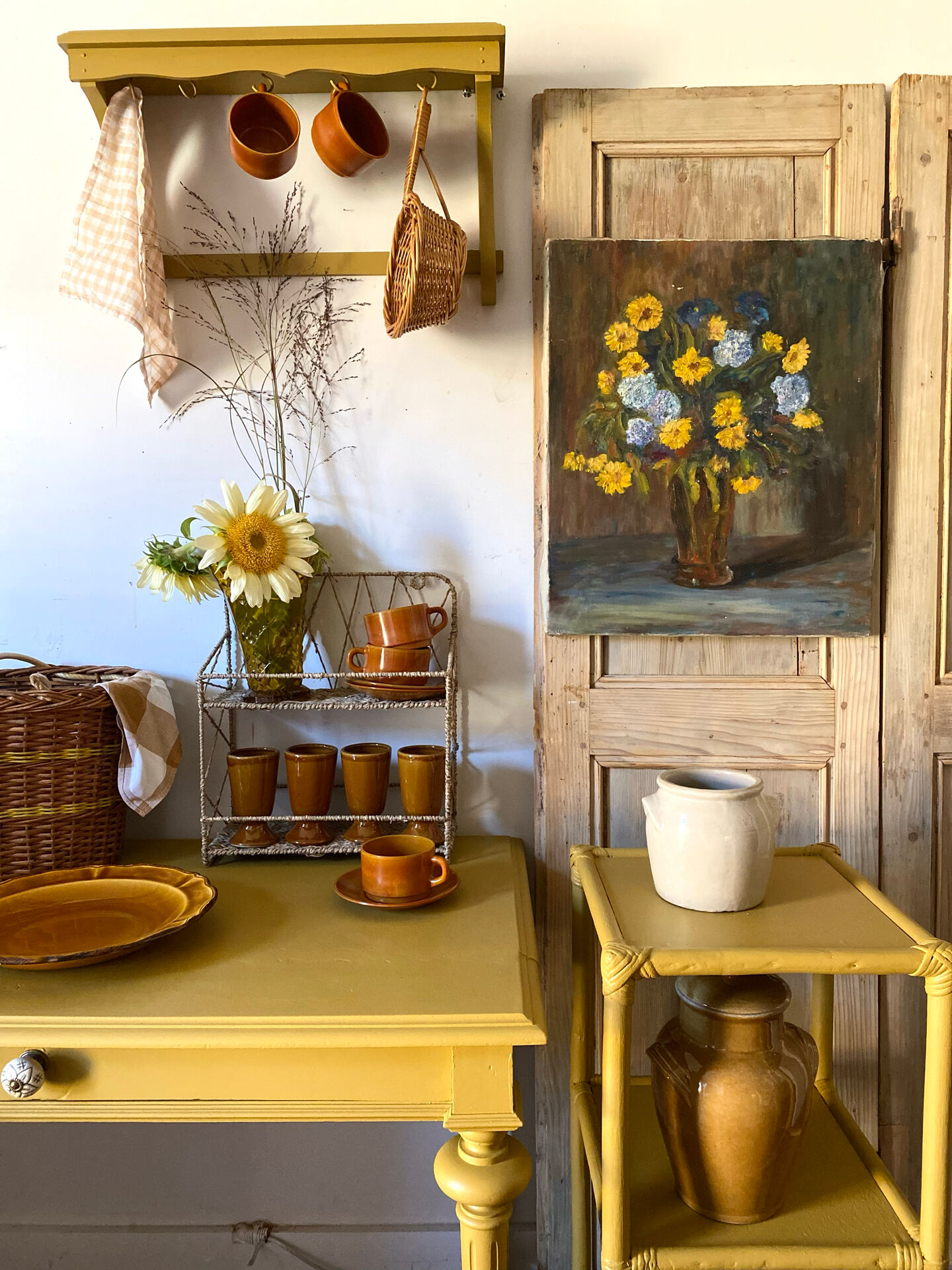 Oil on canvas, bouquet of yellow and blue flowers, mid-20th century.
