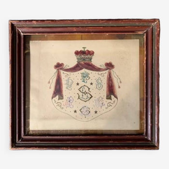 Tableau ancien, blason peint à la main, armoiries, XIXème