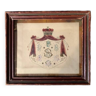 Tableau ancien, blason peint à la main, armoiries, XIXème