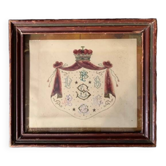 Old painting, hand-painted coat of arms, coat of arms, 19th century