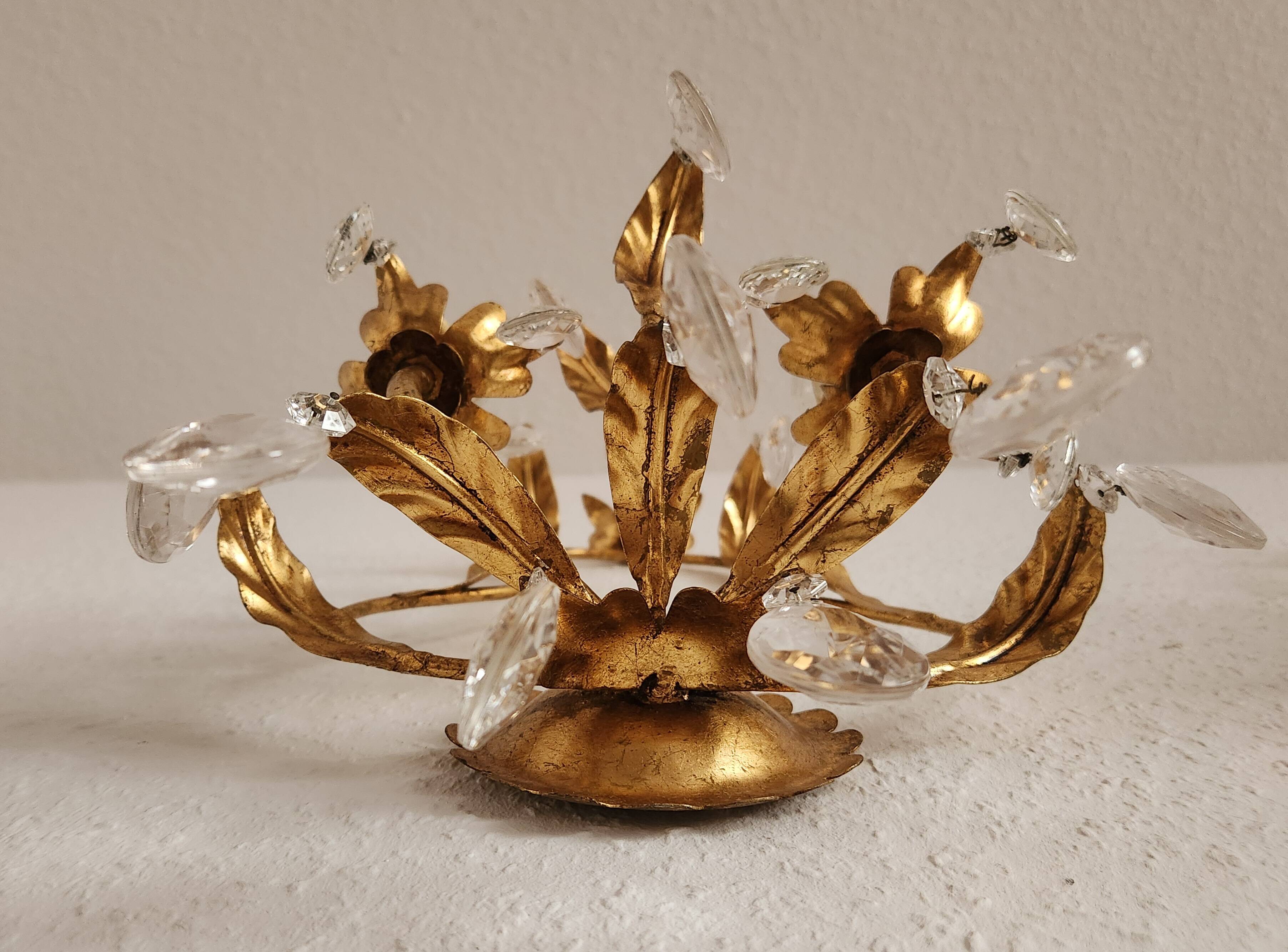 Hand-forged wall lamp gilded with gold leaf and crystals, Italy