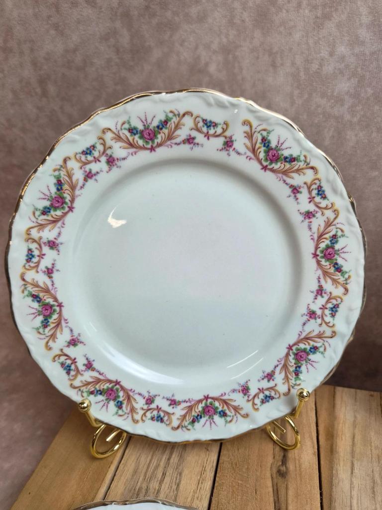 Set of 4 dessert plates French porcelain Digoin romantic floral gold decoration