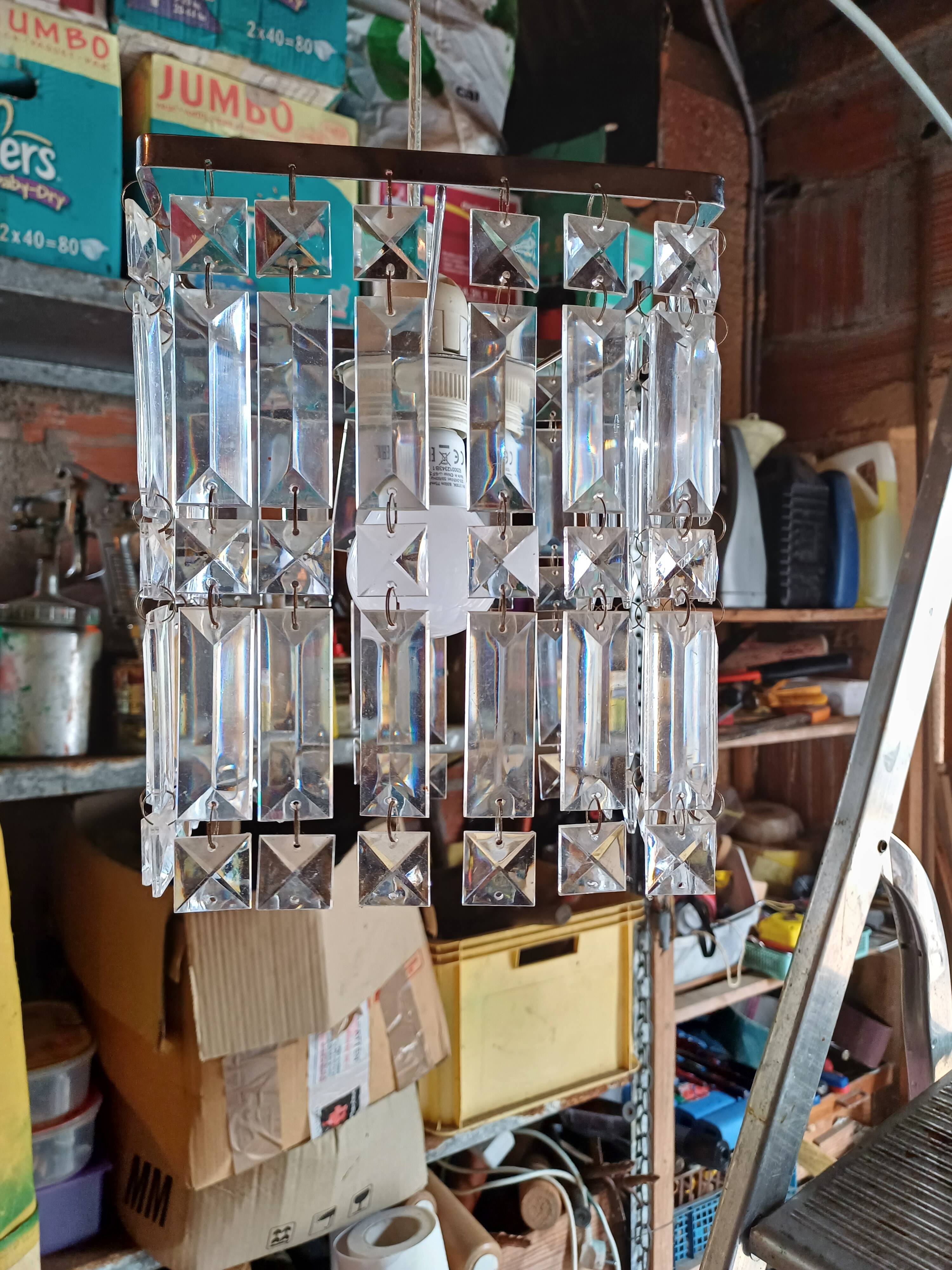 Vintage Chrome Chandelier and Transparent Plastic Pendants