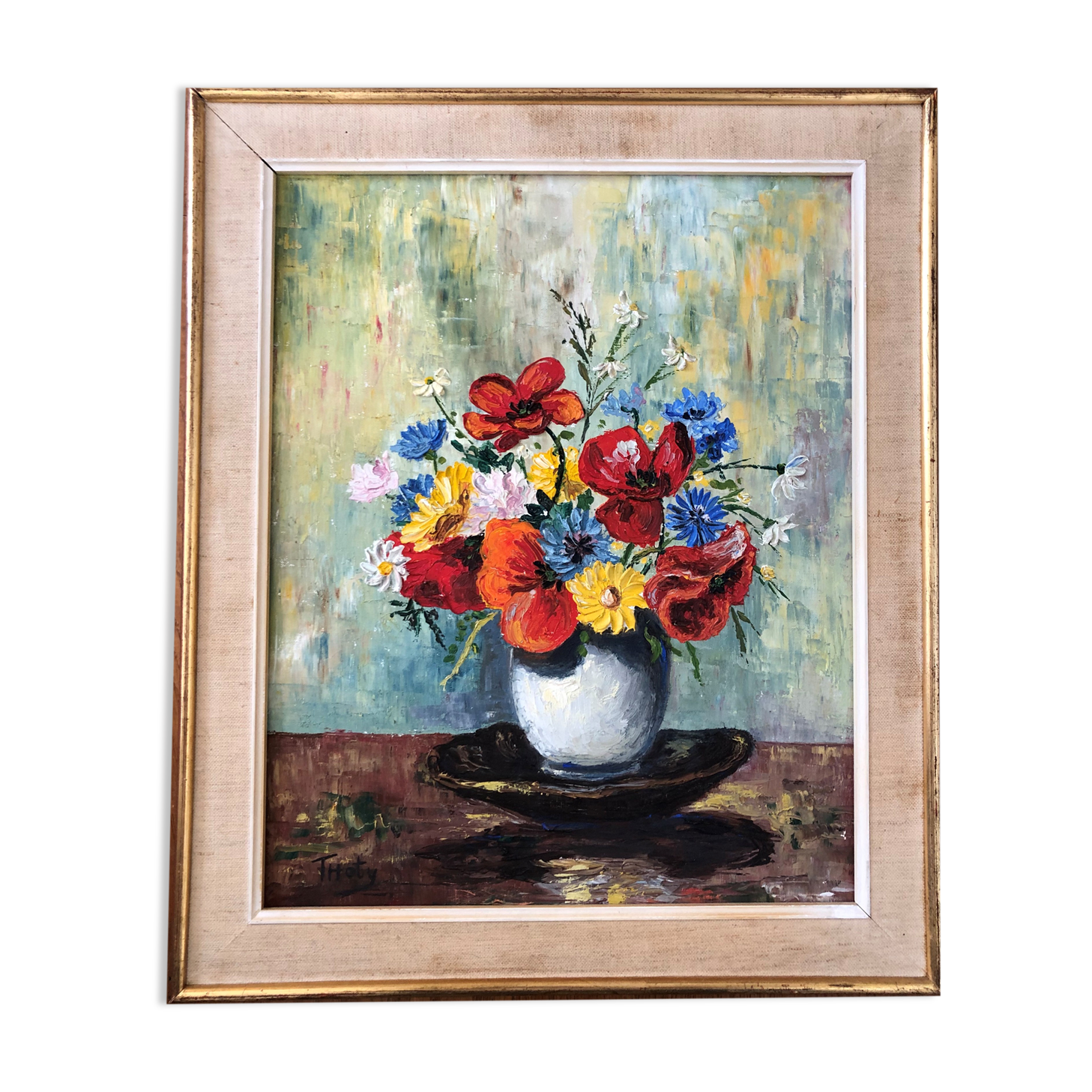 Oil on canvas still life with bouquet of flowers
