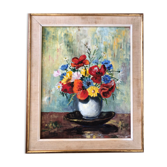 Oil on canvas still life with bouquet of flowers
