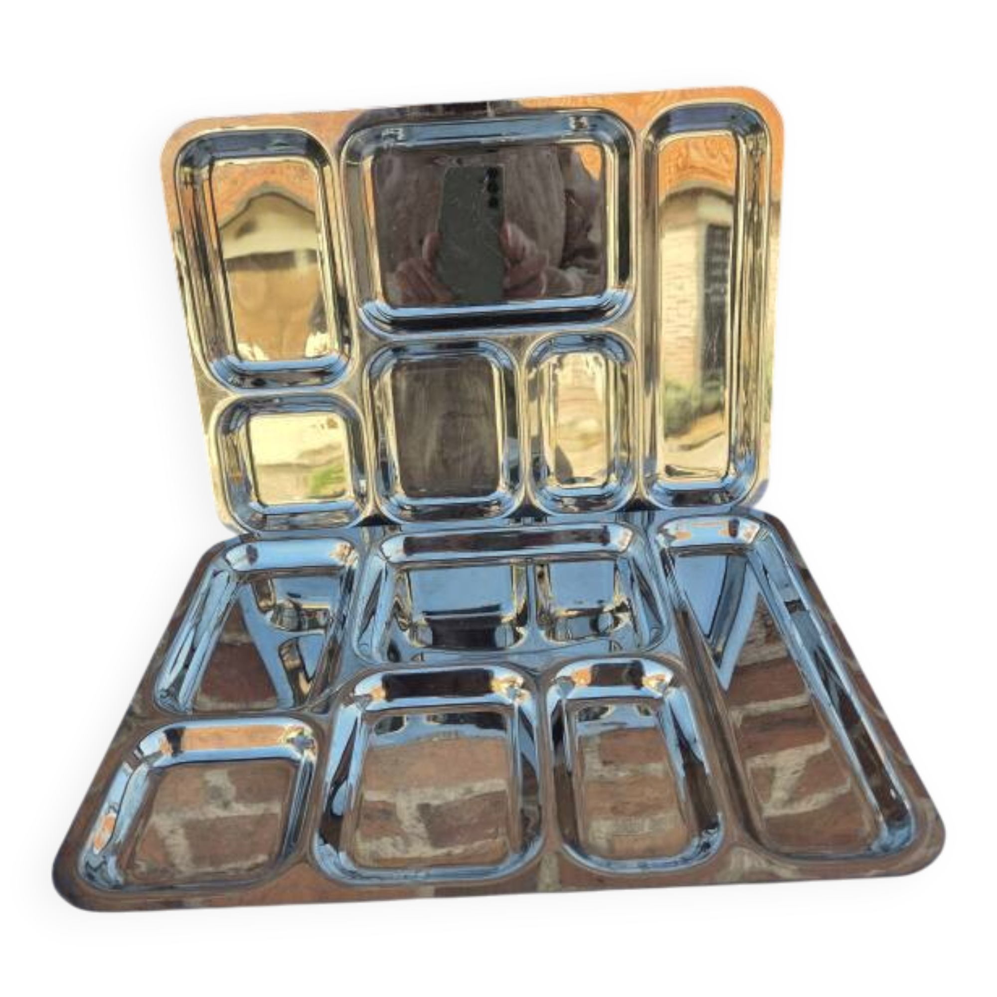 Pair of flat stainless steel serving trays