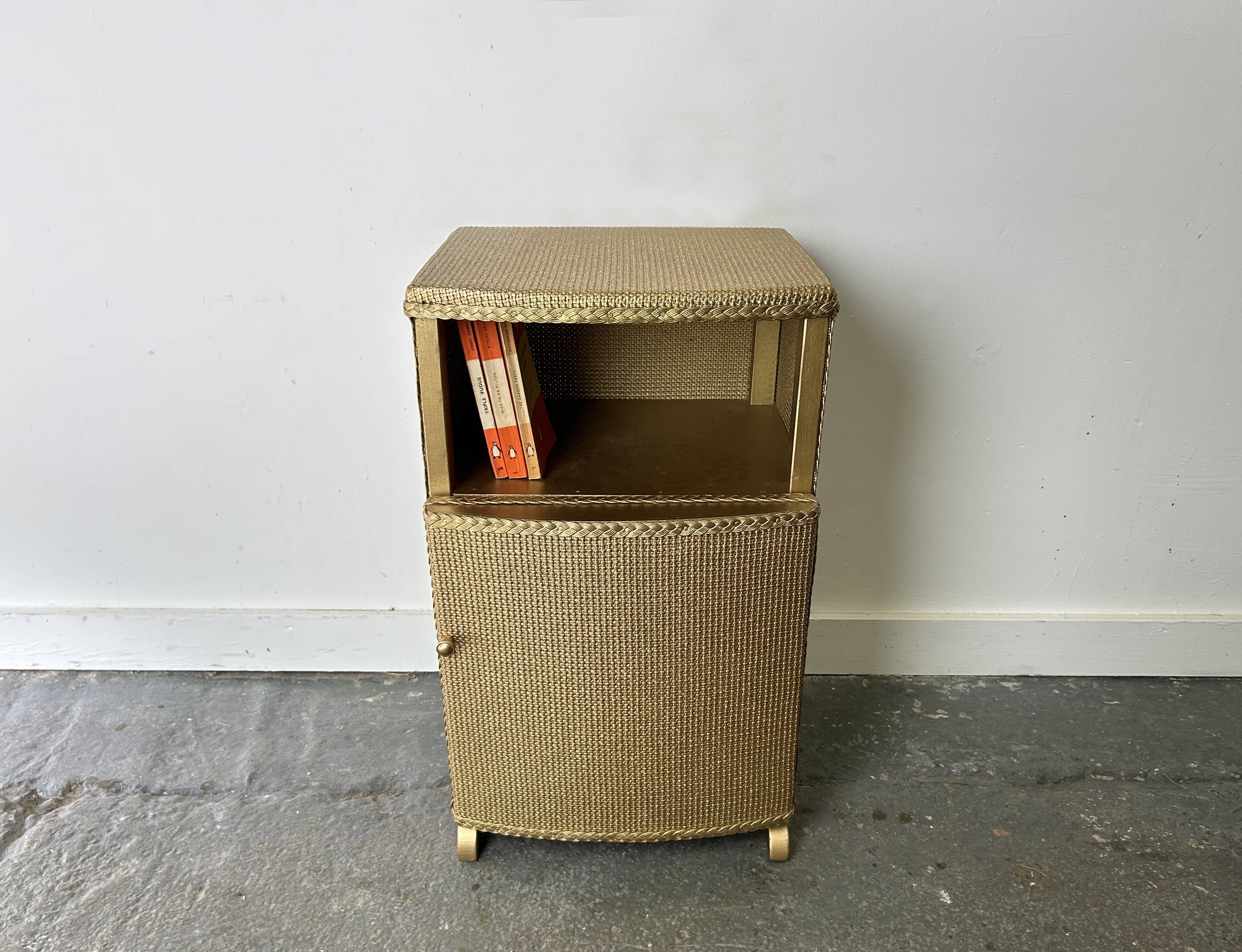 Vintage Lloyd Loom bedside cabinet champagne gold woven fibre 1930s-50s