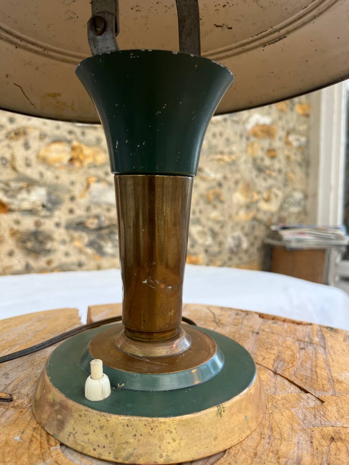 Vintage brass & green metal lamp - mushroom / Art Deco