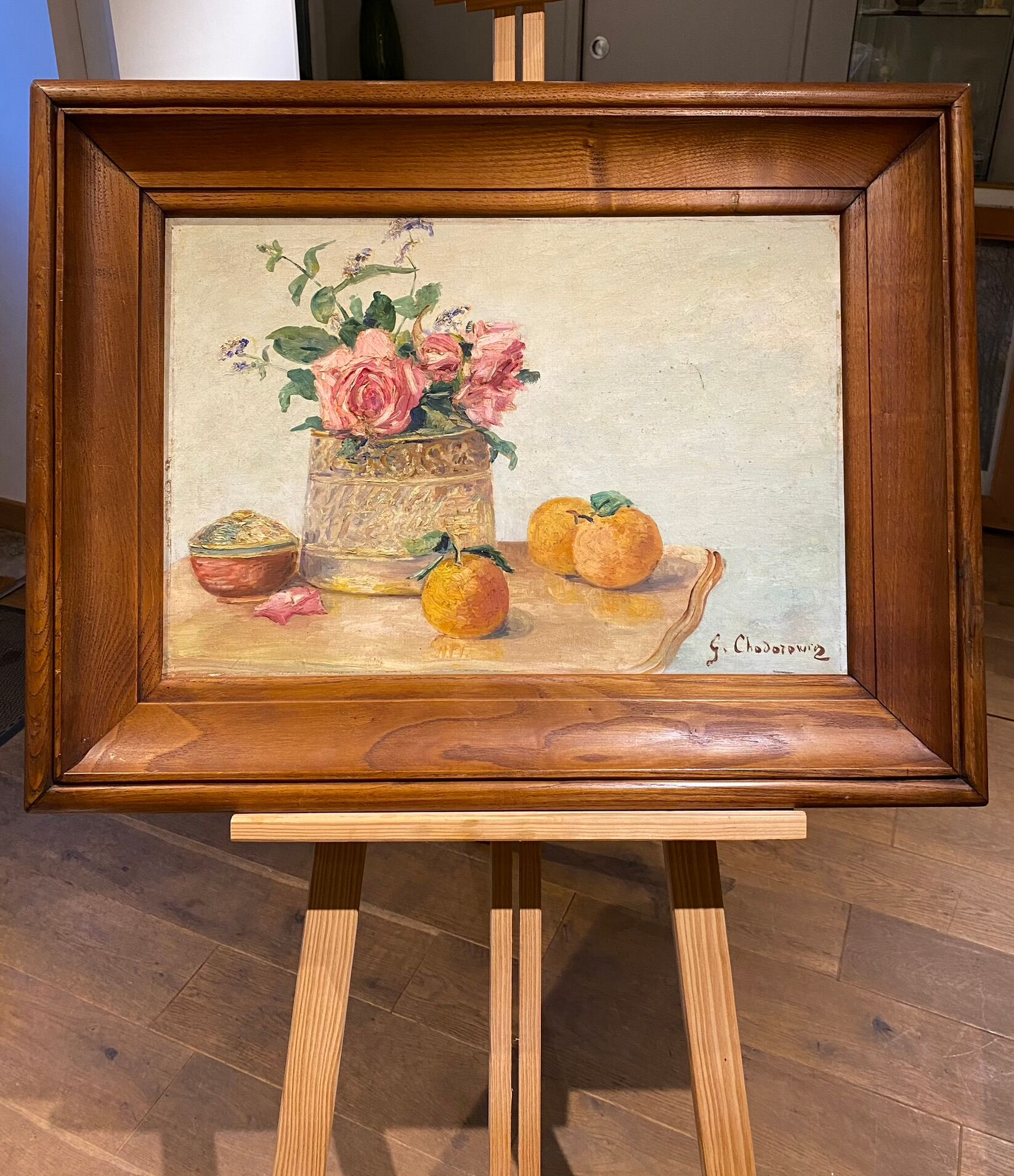 Old painting, still life with roses and oranges, signed circa 1950.