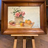 Old painting, still life with roses and oranges, signed circa 1950.