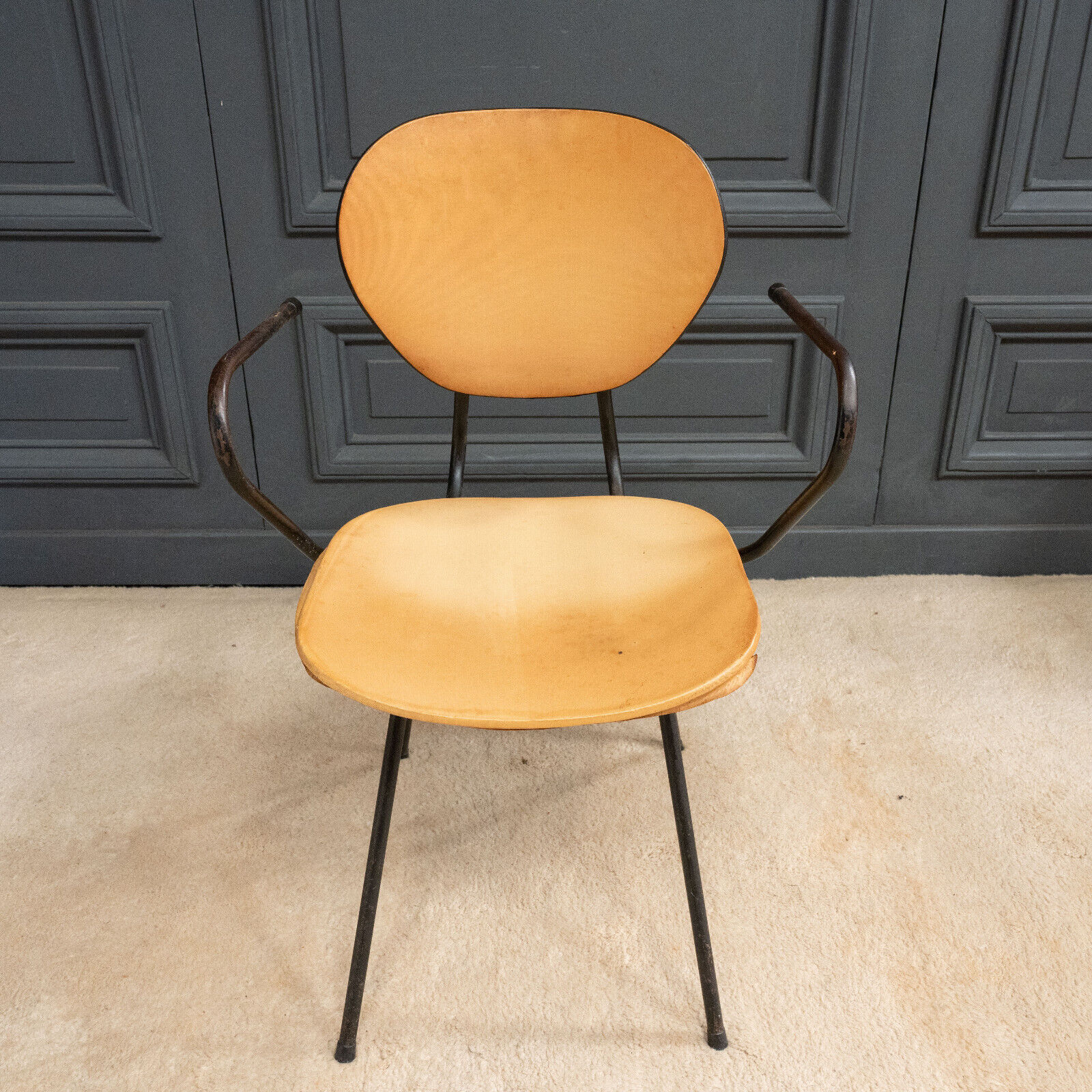 Office chair 1960 tubular seat skaï patina cream