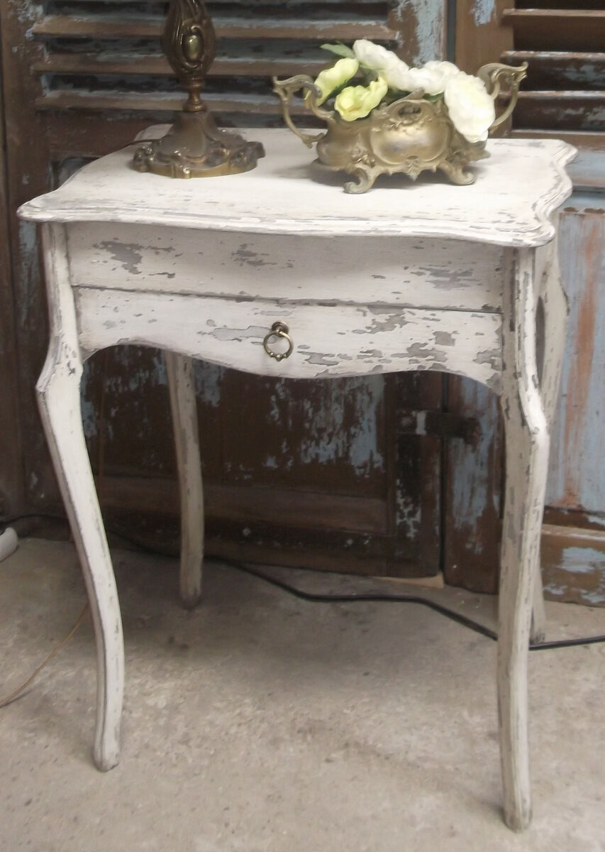 Small side table with walnut storage, patinated white shabby chipped