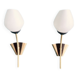 Old pair of brass wall lights and opaline glass globes 50s/60s vintage decoration