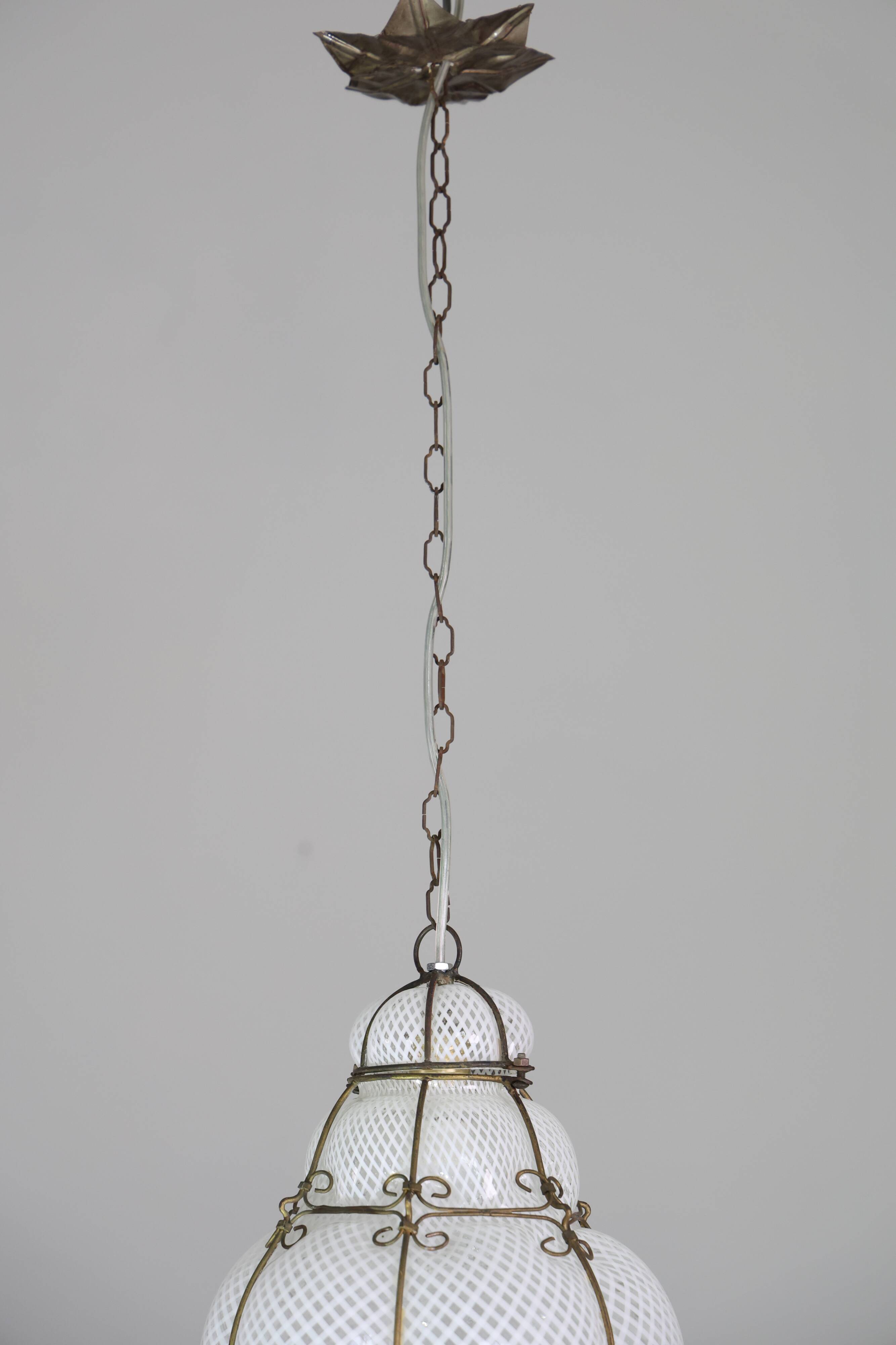 Amazing Large Venetian Lantern in Murano Reticello Glass, 1940s