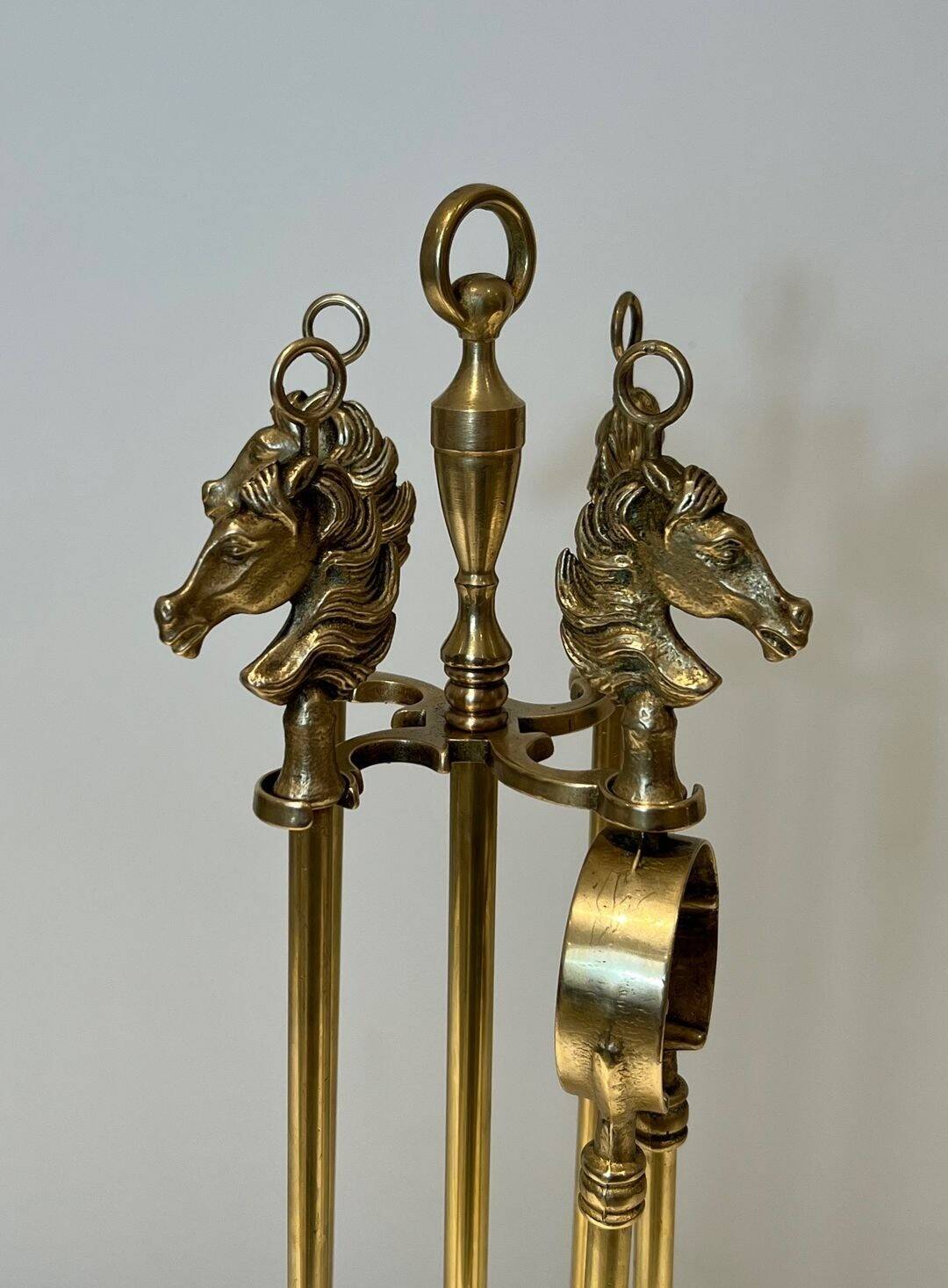 Neoclassical Brass Fire Tool Set with Horse Head Handles, in the