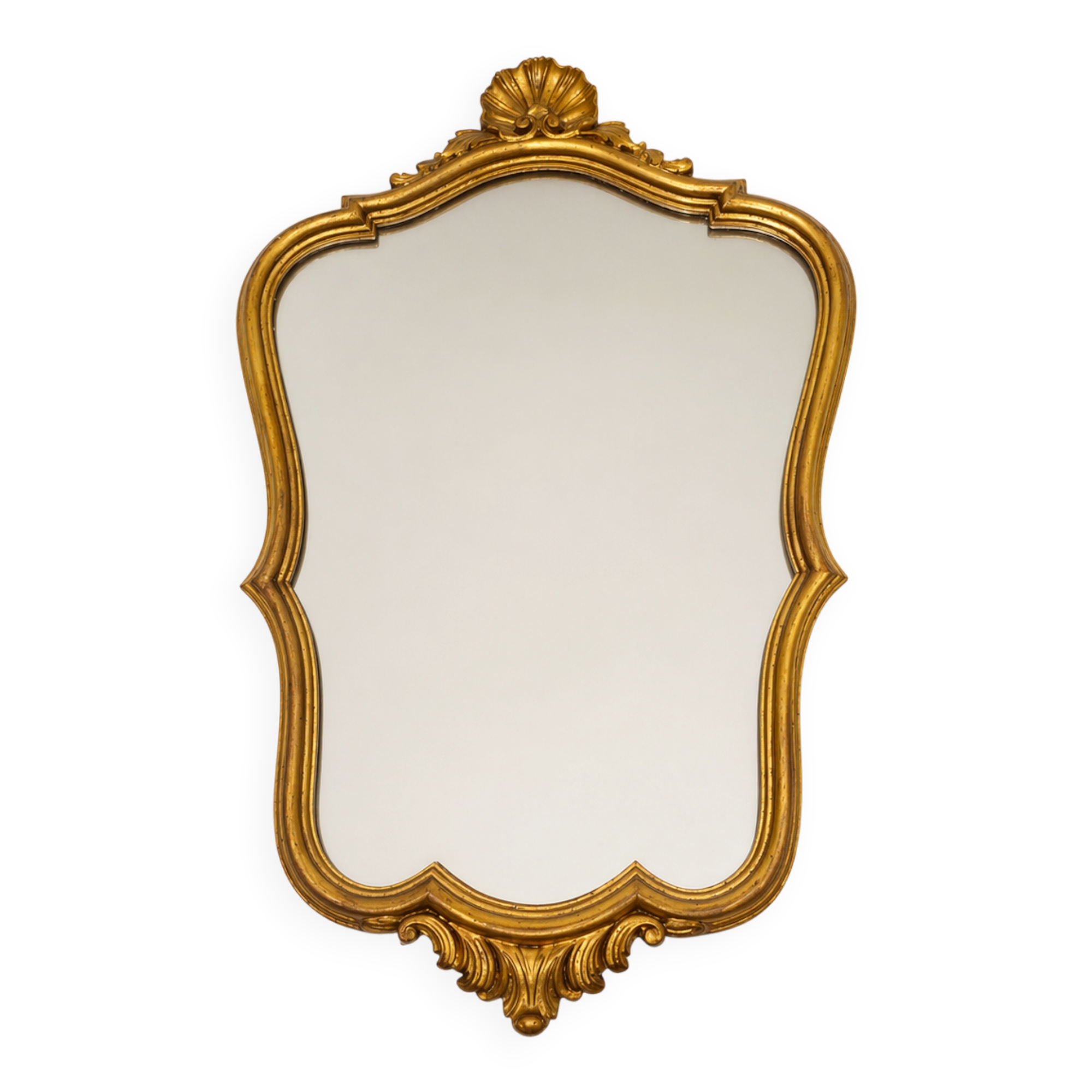 Golden wooden wall mirror in Louis XV style, shell-shaped rocaille decoration, circa