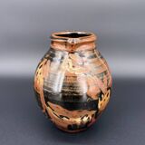 Signed black and red glazed stoneware pitcher, French artisanal ceramics