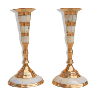 Pair of vintage brass and mother-of-pearl candlesticks