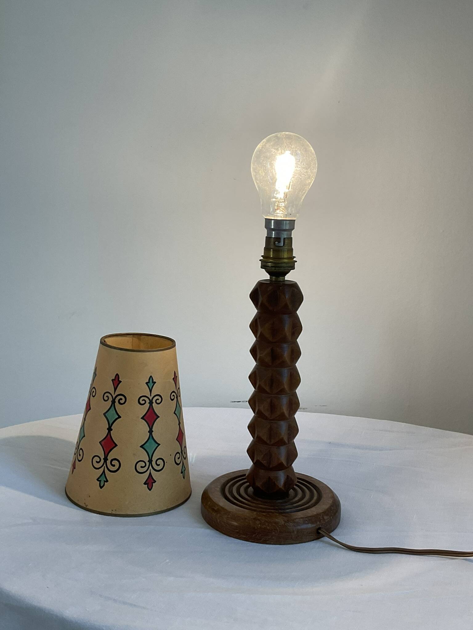 Vintage turned wooden lamp, in the style of Charles Dudouyt.