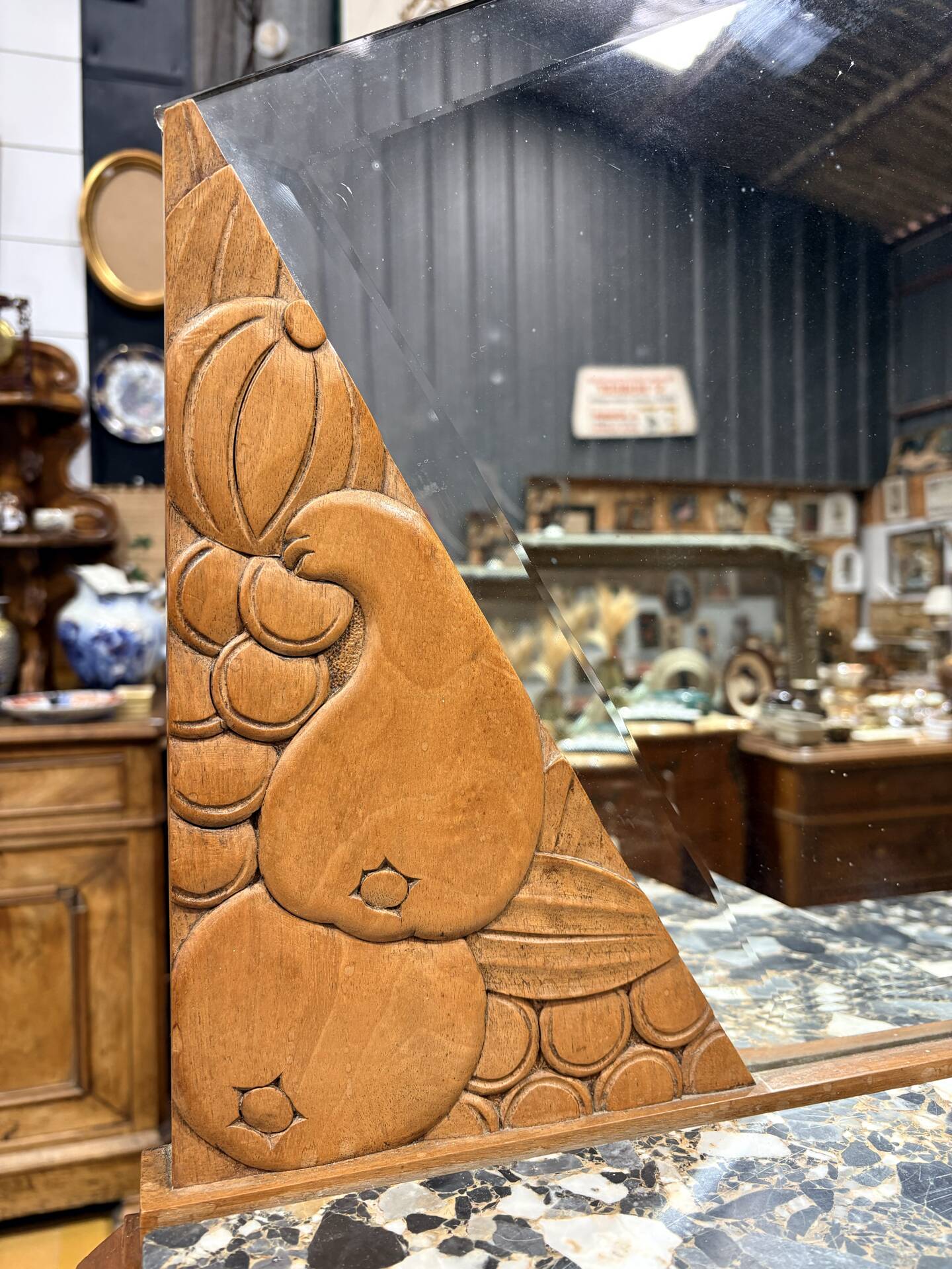 Art Deco buffet in carved walnut, marble and large mirror – 1930s