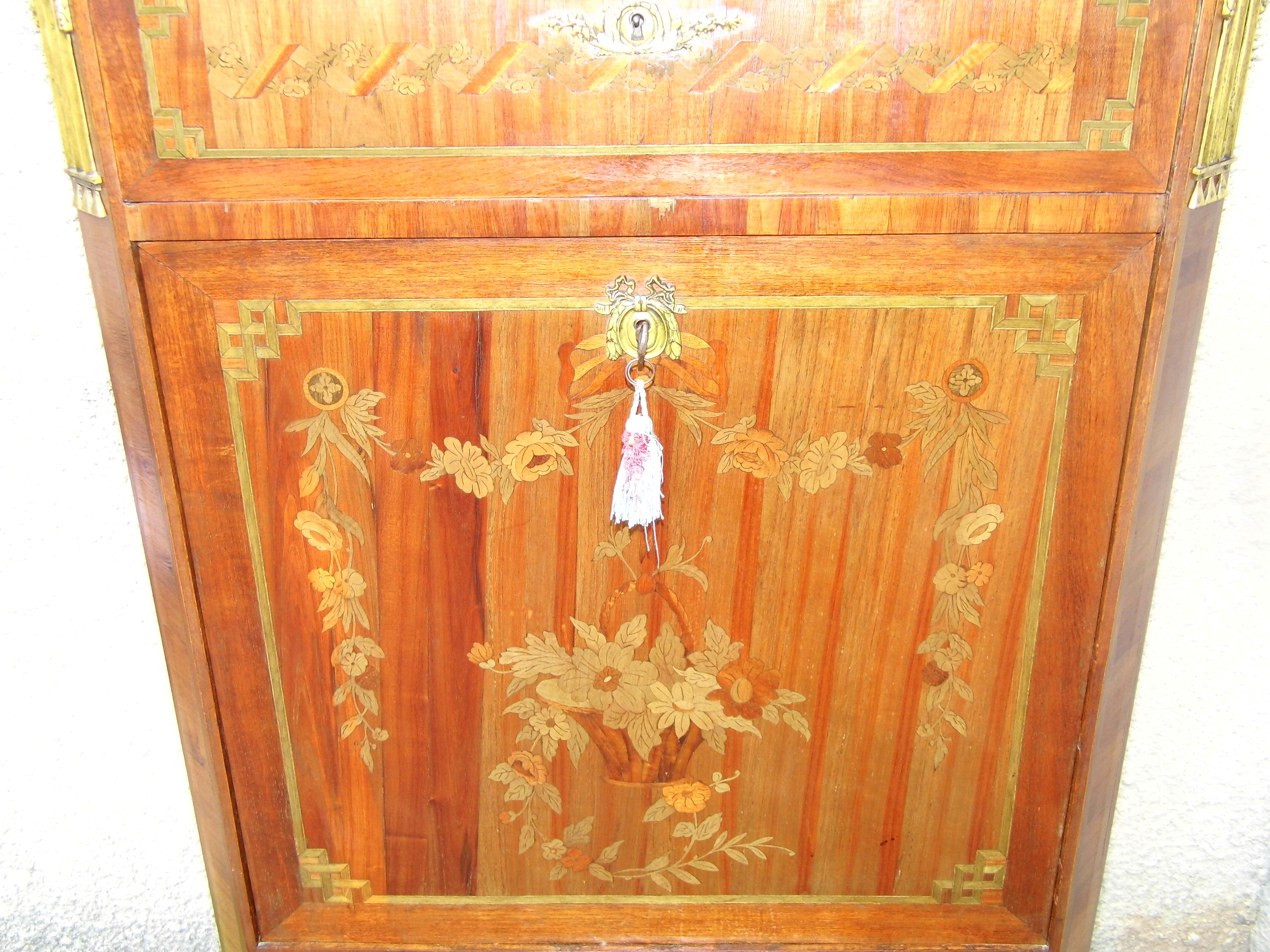 Writing desk louis xvi marquetry rosewood top royal red marble