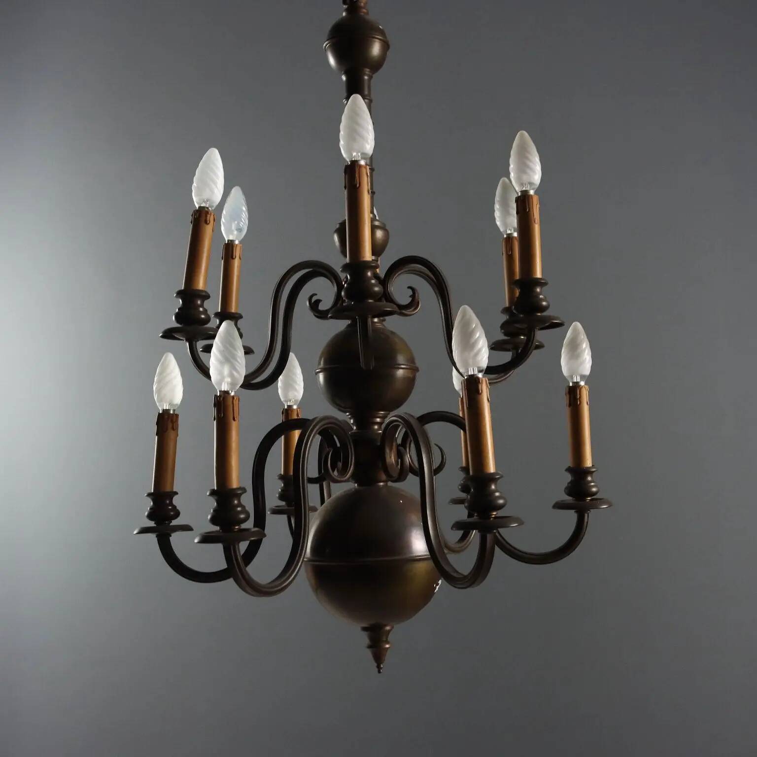 Antique bronze and glass chandelier with 12 lights, Netherlands, 20th century.