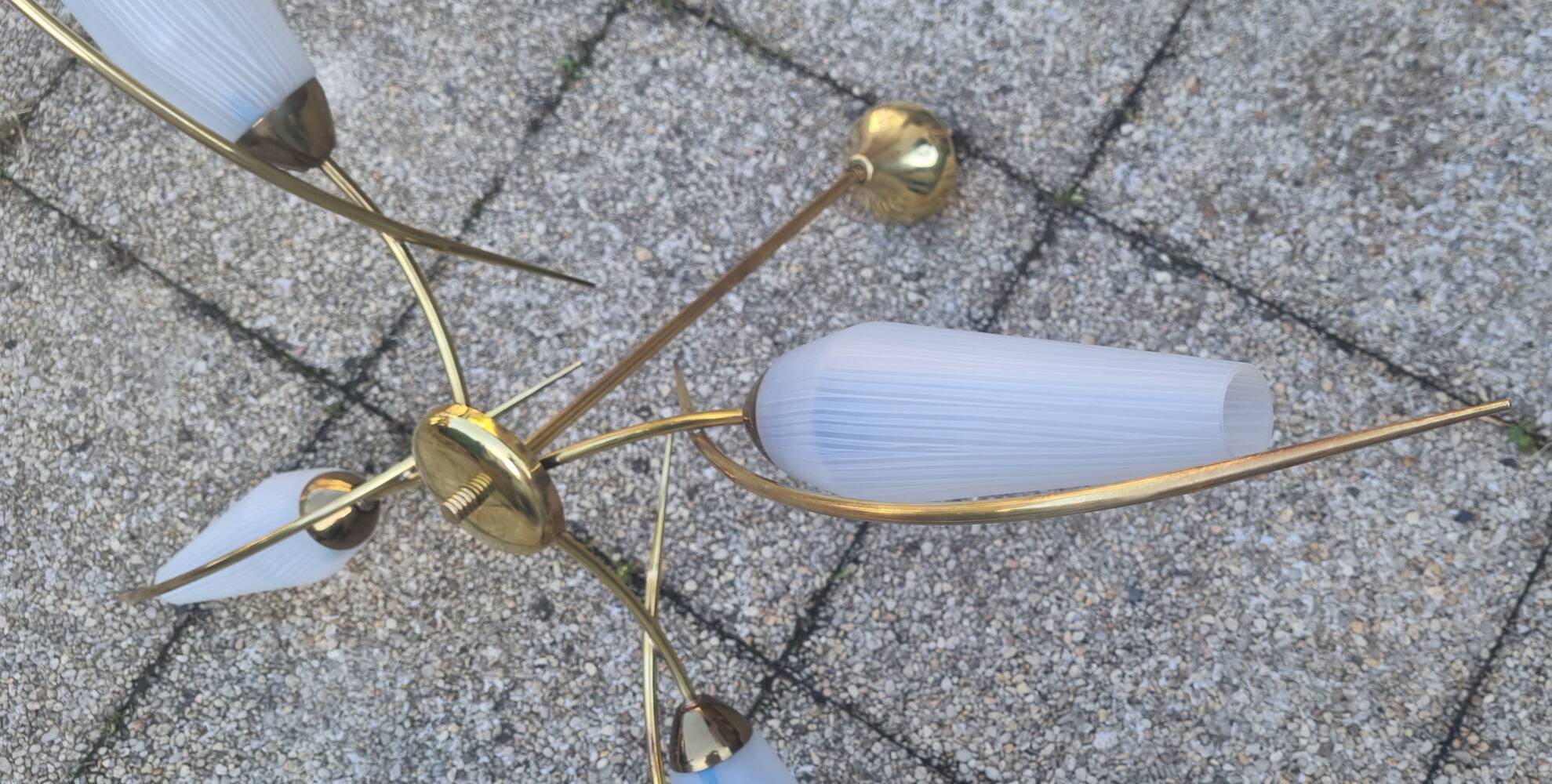 4-light pendant light, brass and opaline, Maison Lunel, Paris, vintage 1950s