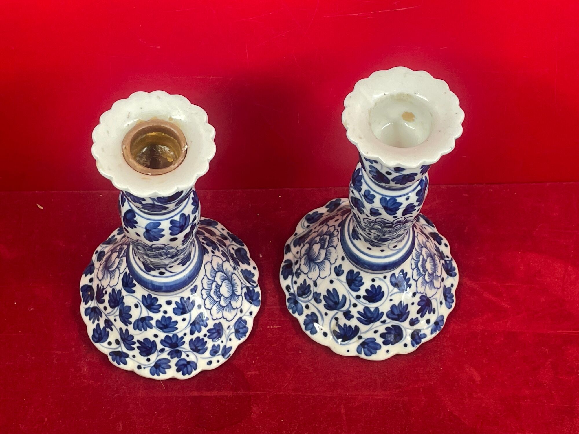 Pair of blue and white candle holders