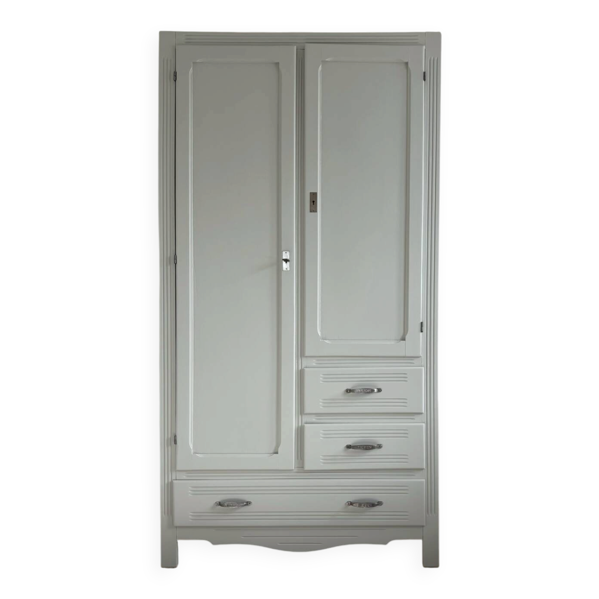 Art Deco wardrobe with shelves and drawers, renovated wood.