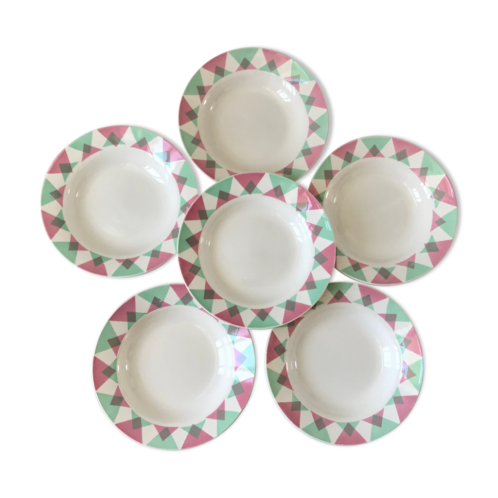 Années 1950 6 assiettes creuses Faïence avec dorure Diamètre : 240mm - Vendu