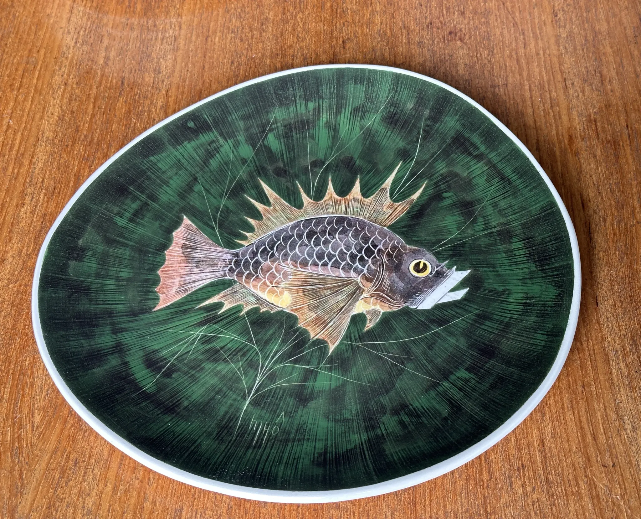 Fish service in glazed earthenware painted by hand signed Le Mao - 1960