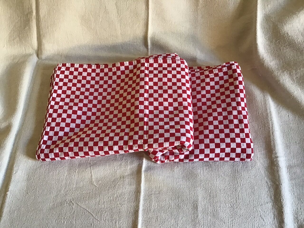 Long vintage red and white country tablecloth