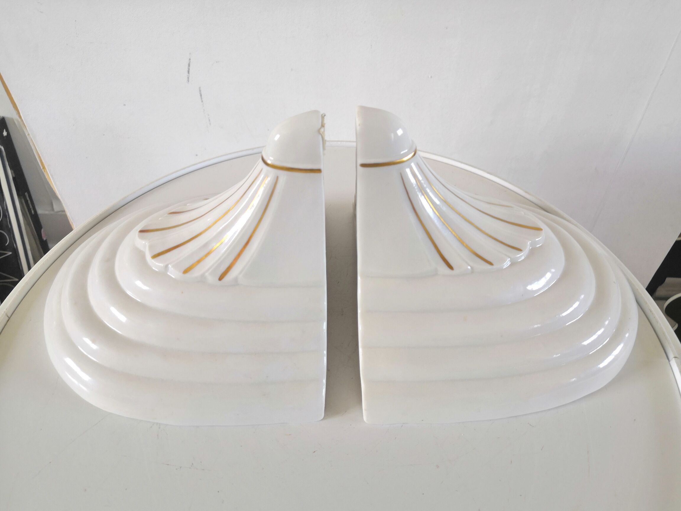 Pair of old ceramic monogrammed consoles or tablets