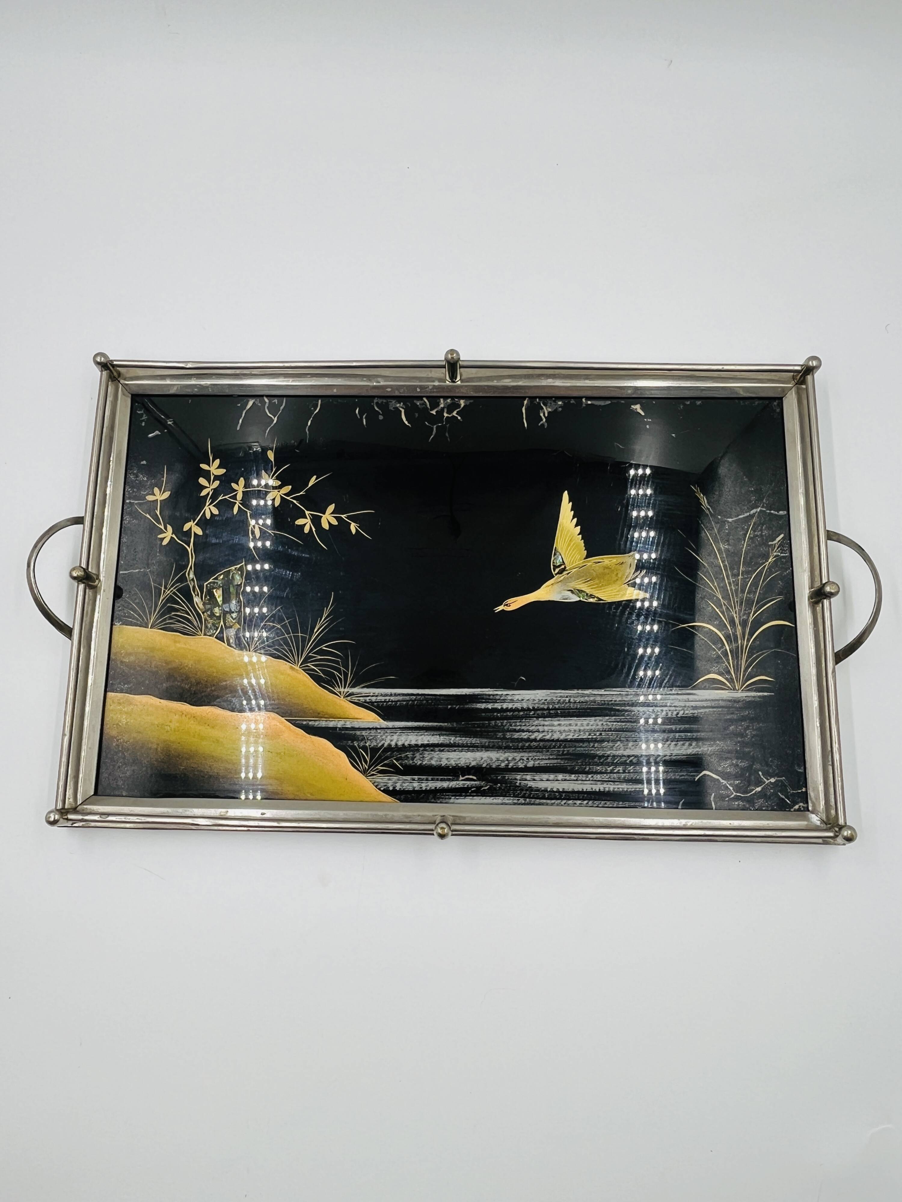 Plateau Art Déco en fixé sous verre et nacre