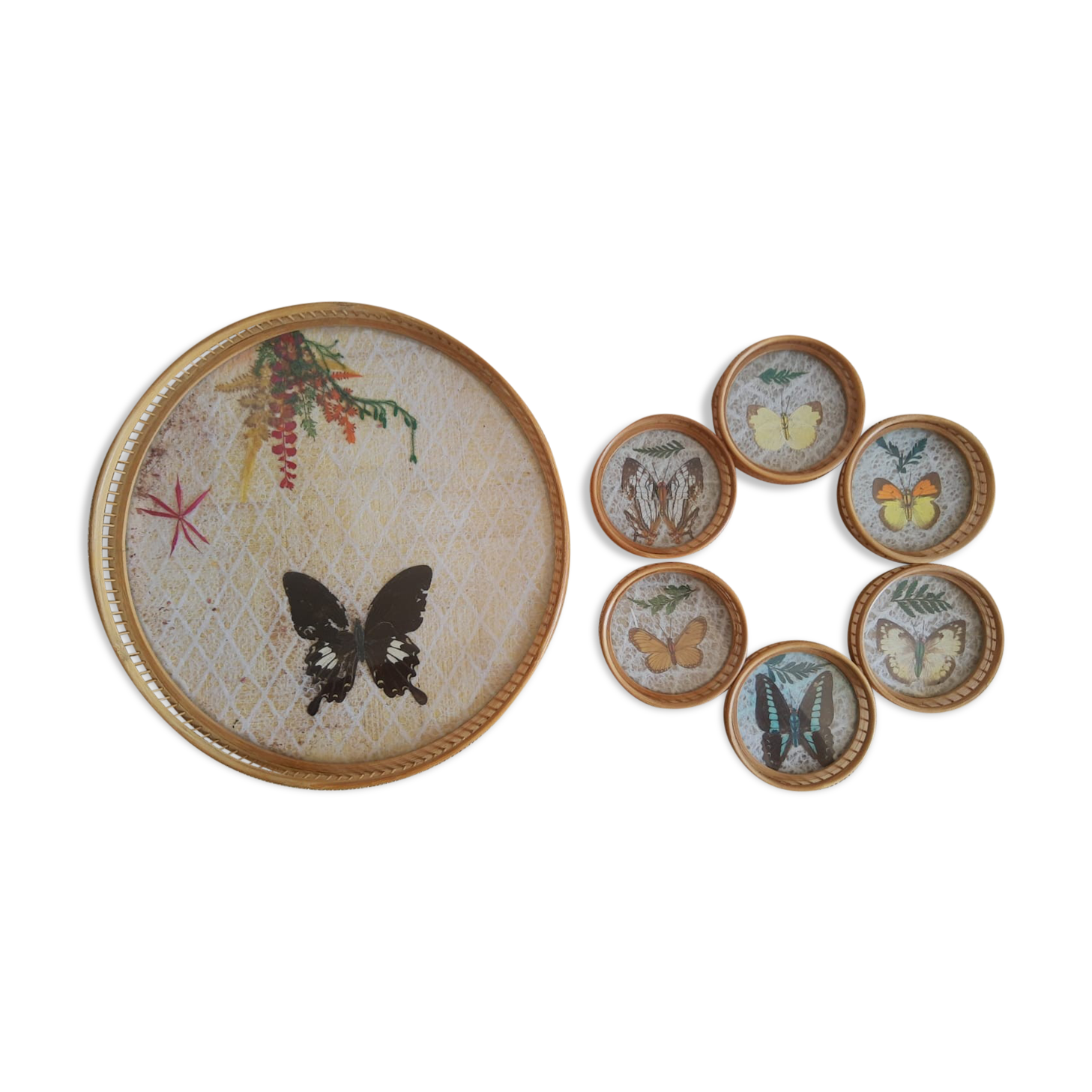 Set tray and 6 under glass bamboo vintage butterflies