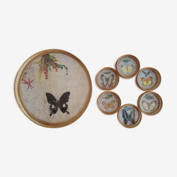 Ensemble plateau et 6 sous verre bambou papillons vintage